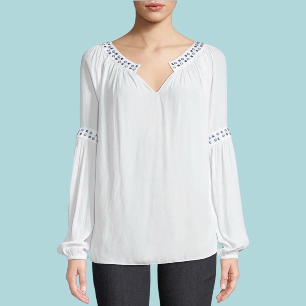 Women's Ramy Brook Wyatt Round-Neck Blouson Top with Studs, S, White Turquoise